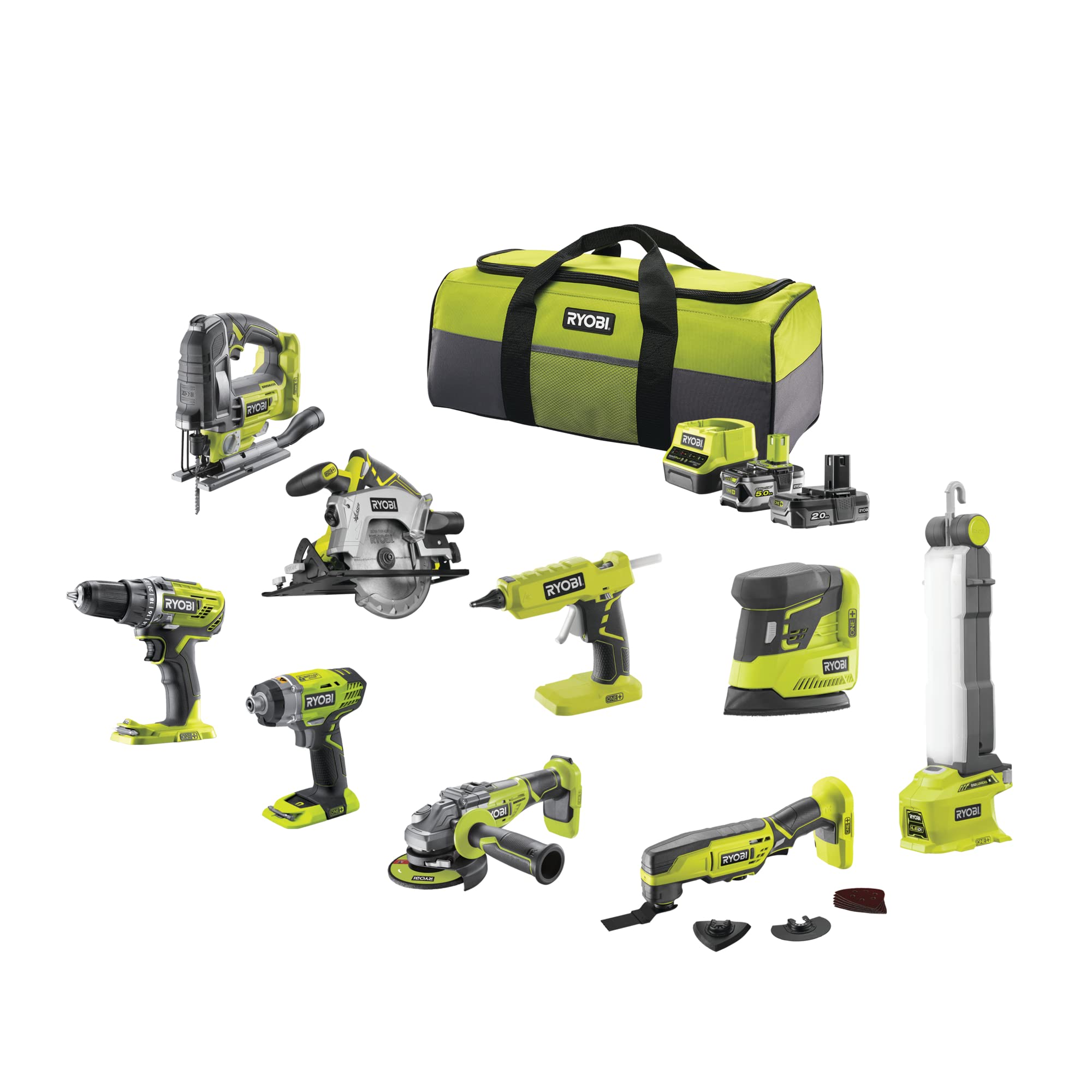 ryobi-pack-9-outils-2-batteries-5-0ah-chargeur-2-sacs image 1