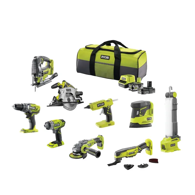 ryobi-pack-9-outils-2-batteries-5-0ah-chargeur-2-sacs image 1