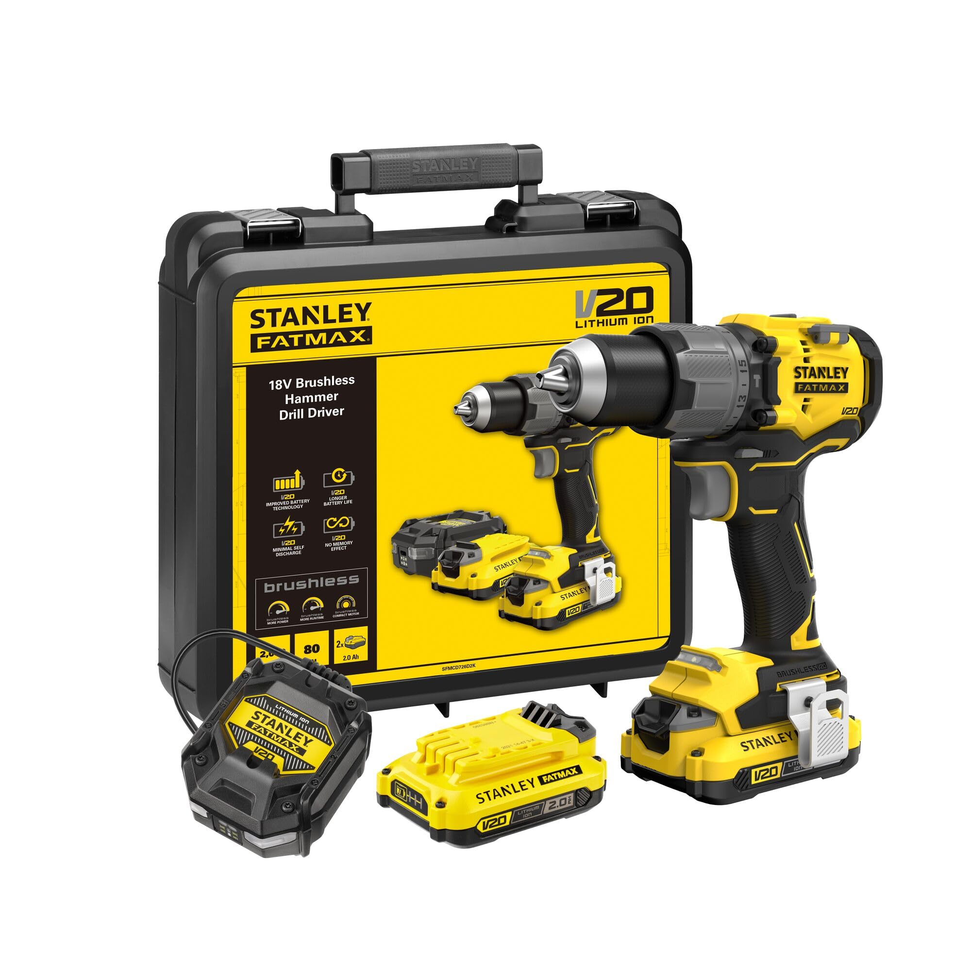 stanley-v20-perceuse-visseuse-percussion-brushless-18v-2x2-0ah-kit image 1